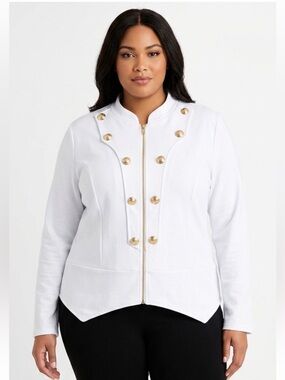 Hybrid & Co. 3X white Military Style Zip Jacket Gold Button Detail NWT